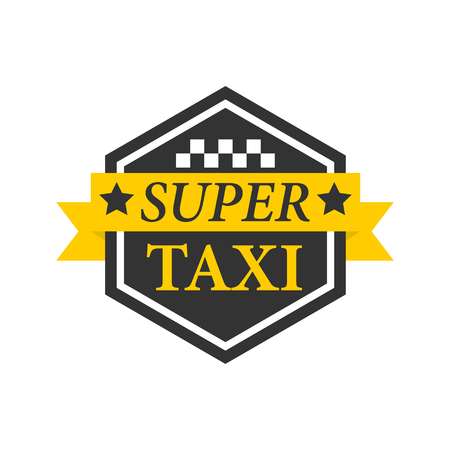 Super taxi emblem label in hexagon black frame with text and stars isolated on white.のイラスト素材