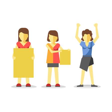 Protesting woman holding empty yellow banner above head isolatedのイラスト素材