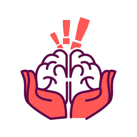Brain in hands with exclamation mark above isolated on whiteのイラスト素材