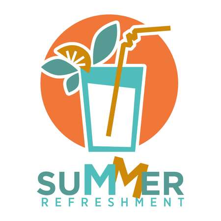 Summer refreshing cocktail with straw, fruits and mint logo on background of orange sun isolated on white. Glass with drink and decorative elements vector illustration, alcohol beverage icon in flatのイラスト素材