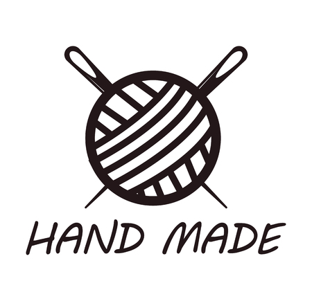 Handmade logotype design with skein of thread and needle. Ball yarn with two knitting needles. Workshop company logo isolated emblem in black and white colors vector illustration in flat styleのイラスト素材