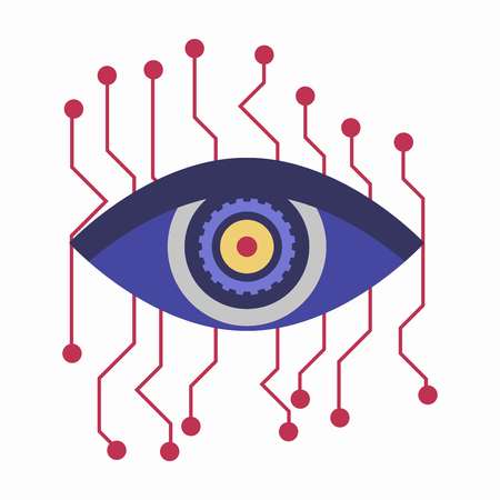 Artificial intelligence eye with connection points isolated on white background. Human eyeball with high-tech contacts, futuristic symbol of male eyesight, clinic logo design in flat style designのイラスト素材
