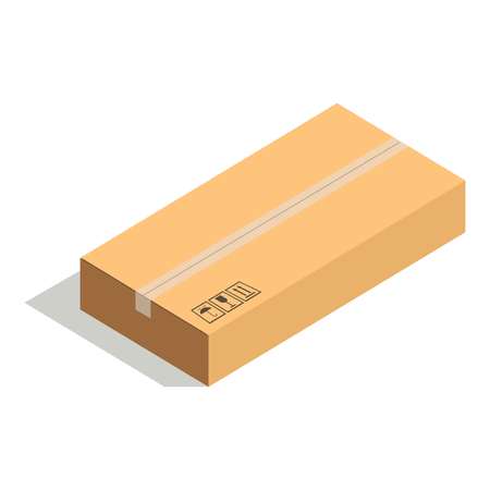 Closed paper cardboard box isolated on white background vector illustration. Delivery shipping package, square packed container, carton store package in flat design. Compact posted parcelのイラスト素材