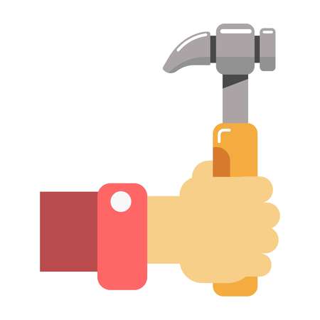 Hammer in human hand vector illustration isolated on white. Home repair equipment, hitting tool with handle in flat style design. Work tool instrument, manual professional repairman service logoのイラスト素材