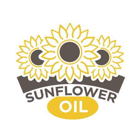 Sunflower oil label with yellow flower with black dieting seeds, sticker design. Natural organic sunseed logotype vector illustration on white. Best quality eco condiment label or advertising banner.のイラスト素材