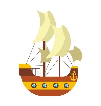 Pirates ship with sail canvas, deck and anchor at sternのイラスト素材