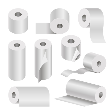 Realistic rolled toilet and towel paper poster on whiteのイラスト素材