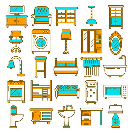 Home furniture appliances and room interior accessories vector icons setのイラスト素材
