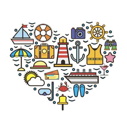 Vector illustration of a heart made with sea holiday stuff isolated on white.のイラスト素材