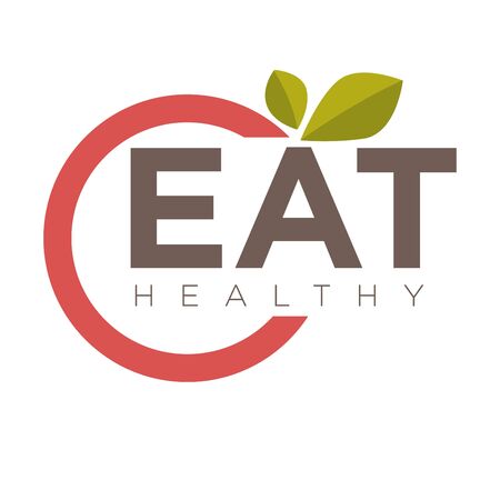 Vector illustration of minimalistic tomato and eat healthy lettering on the white background.のイラスト素材