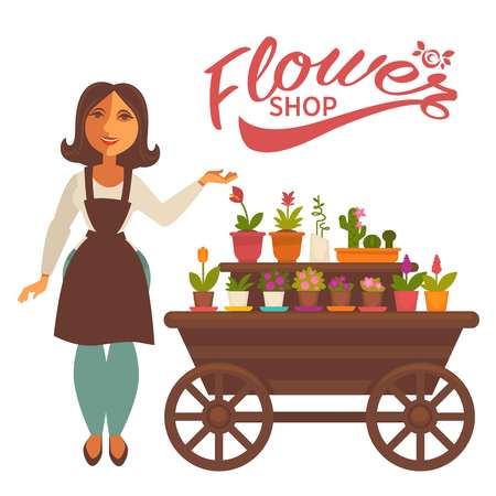 Cheerful woman near wagon with flowersのイラスト素材