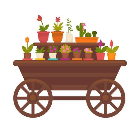 Fresh spring flowers in pots on wooden trolley vector collection isolatedのイラスト素材