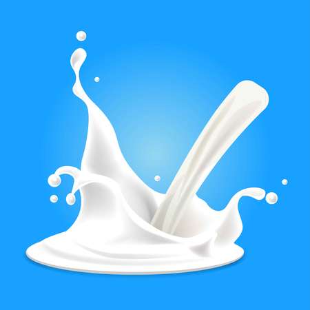 Realistic banner with white milk splashes pouring concept on blueのイラスト素材