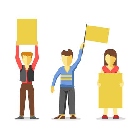 Protesting people holding empty yellow banners isolated on white.のイラスト素材