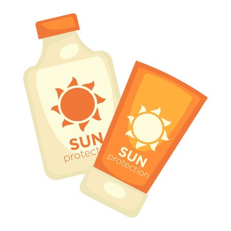 Sun protection lotions set isolated on white. Flasks with moistureのイラスト素材