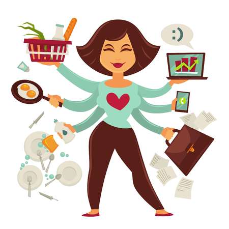 Multitasking female person isolated on white vector pictureのイラスト素材