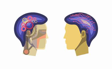 Vector illustration of cyborg person face with cogs and wires inside a head.のイラスト素材