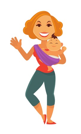 Smiling mother greeting with hand while holding her infant child isolated on white.のイラスト素材