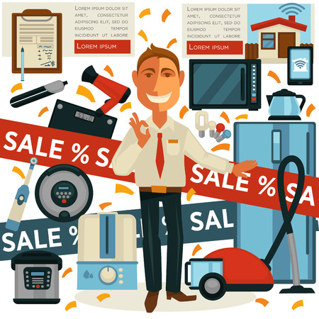 Promo sale and salesman promoter in home appliances shop vector designのイラスト素材