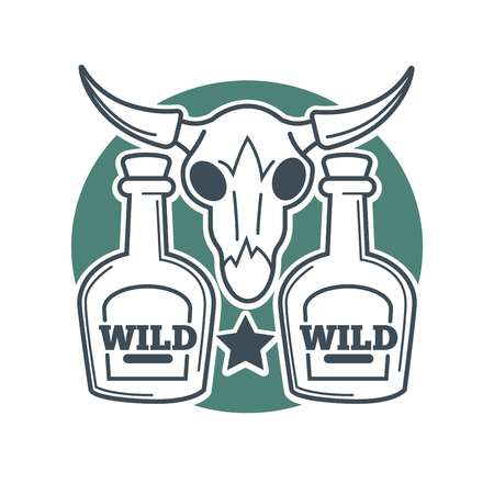 Two wild bottles and buffalo skull with horns.のイラスト素材