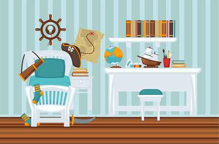 Boy's room in pirate style colorful flat illustration. Vector interior design of bedroom for male child with special hat and spyglass on bad, wooden wheel on wall, white table and studying elementsのイラスト素材