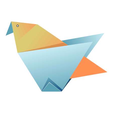 Blue and yellow origami of bird graphic icon isolated on white background. Carton handmade with wings, eyes and beak. Ancient art of folding paper figures vector illustration flat design for web.のイラスト素材