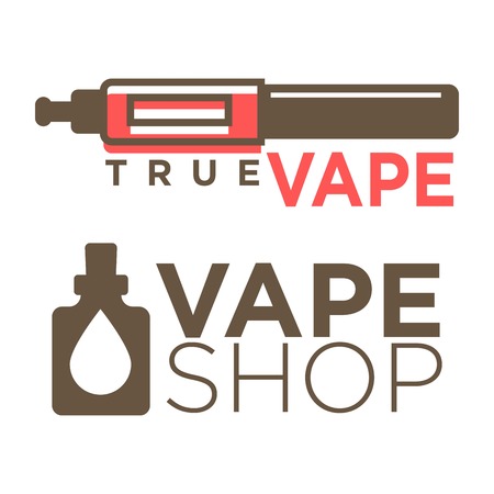 Vape shop logotypes on white vector illustration in flat design. Commerce marketing template graphic banner. Collection of colorful badges and labels with line-drawn bottles and inscriptions.のイラスト素材