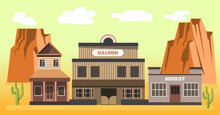 Western saloon and sheriff in sand desert with high rocks and green cactus plants colorful vector illustration in flat design. Wild west wooden public building group. Hot Texas template pictureのイラスト素材