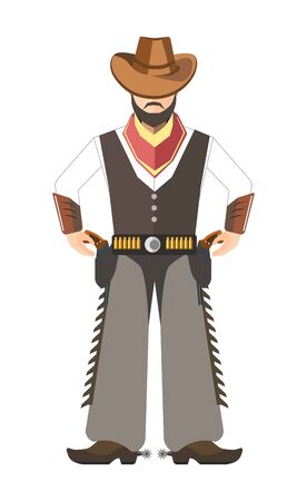 Bearded cowboy holds for two pistols under belt on white background. Man s face covered with wide brown hat. Lot of bullet on waistband and spurs on boots. Vector illustration in cartoon styleのイラスト素材