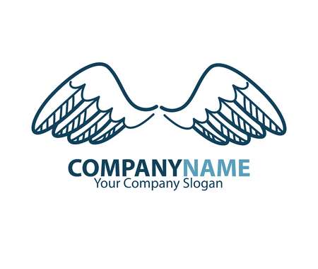 Company name emblem with blue bird wings isolated on white background. Vector illustration of business card and partnership slogan. Symbol of flight, speed moving in air, quickly delivery service.のイラスト素材