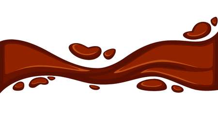 Chocolate concept vector illustration in flat design with tasty sweet splatters and drops. Flowing brown cacao waves and splashing bubbles template. Hot melted dark chocolate splashes on white.のイラスト素材