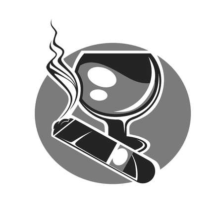 Glass of cognac and cigar emblem isolated on round circle.のイラスト素材