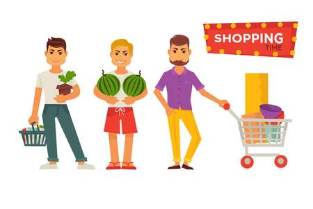 Shopping time bright signboard and male cartoon charactersのイラスト素材