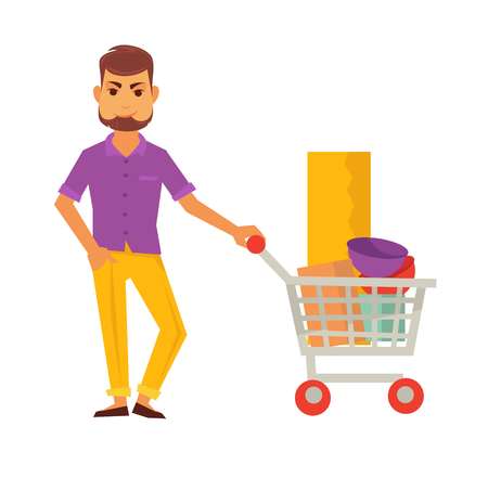 Bearded cartoon man stands with cart full of purchasesのイラスト素材