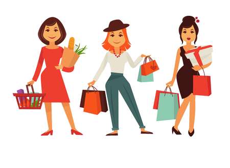 Shopping template poster with three women holding packsのイラスト素材