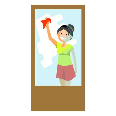 Cheerful woman wiping windowのイラスト素材