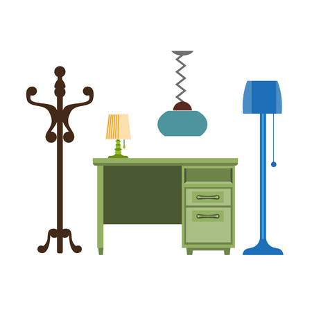 Furniture pieces living room lamp, hanger, chest of drawers vector flat iconsのイラスト素材