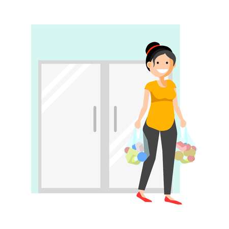 A Vector illustration of smiling woman coming out of store with buying.のイラスト素材