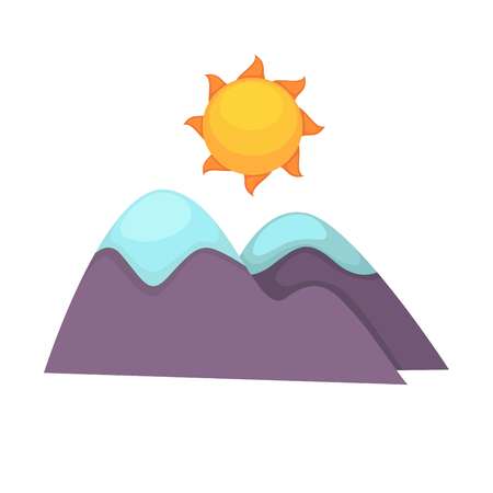 Cartoon mountains with snowy top and big sun aboveのイラスト素材