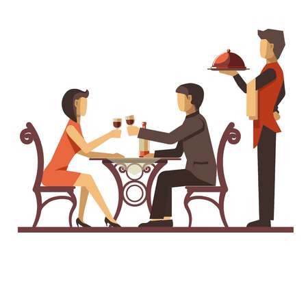Young couple dating in restaurant and waiter nearのイラスト素材