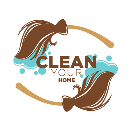 Clean your home logotype with two rotating long brown brooms around inside text with blue soap foam bubbles. Vector poster in flat design of cleaning service colorful label isolated on whiteのイラスト素材