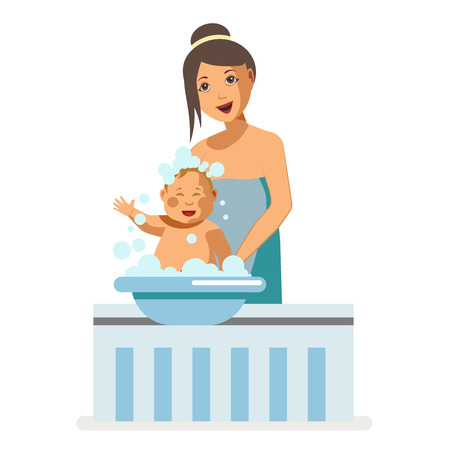Mother bathing newborn baby child maternity nursing vector flat design.のイラスト素材