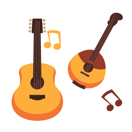 Musical instruments guitars or banjo and music notes vector isolated flat iconsのイラスト素材
