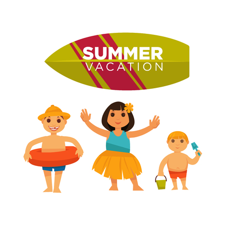 Three children spending happily summer vacations vector posterのイラスト素材