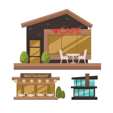 Flat vector set of modern urban architecture. Building and house in city for business and offices, hotel, shop and bank, hospital and store, school and government, restaurant and cafe, skyscraper.のイラスト素材