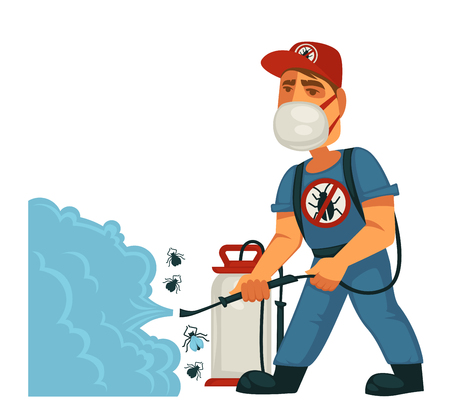 Exterminator in mask sprays chemical substanse against insectsのイラスト素材