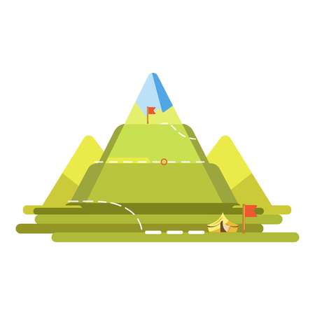 Vector illustration of green mountain with camping pins and route line isolated on white.のイラスト素材