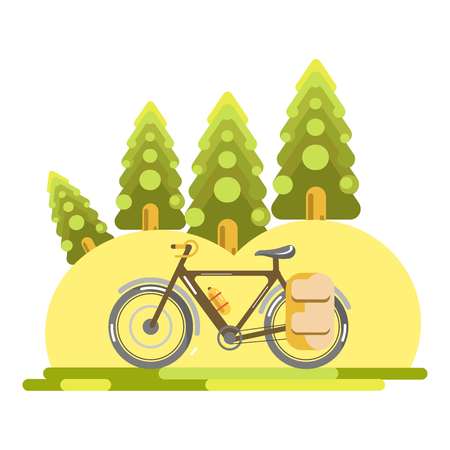 Vector illustration of a bicycle with touristic equipment in the woods.のイラスト素材