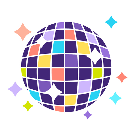 Disco ball that contains of small colorful squares and shines bright and stars around isolated vector illustration on white background. Dancing night decoration that hangs on ceiling and turns round.のイラスト素材