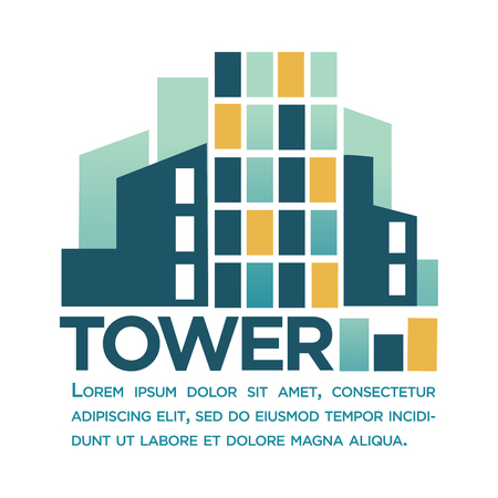 Tower business company logotype with abstract multi storey buildings and skyscrapers of downtown isolated vector illustration on white background. Promotional poster with firm logo and text at bottom.のイラスト素材